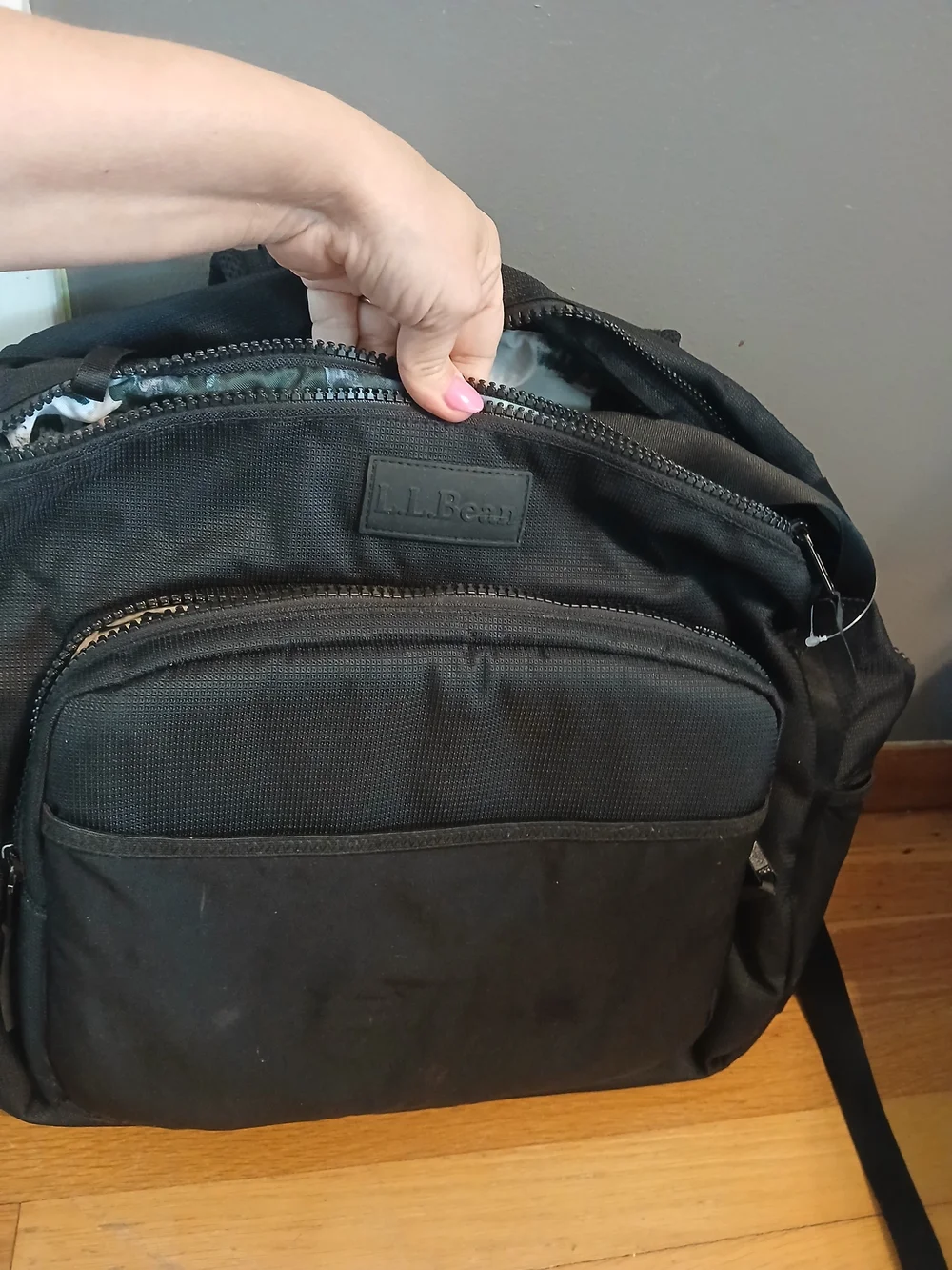 L.L.Bean Black Diaper Bag Backpack with Printed Interior Lining, Zip Closure